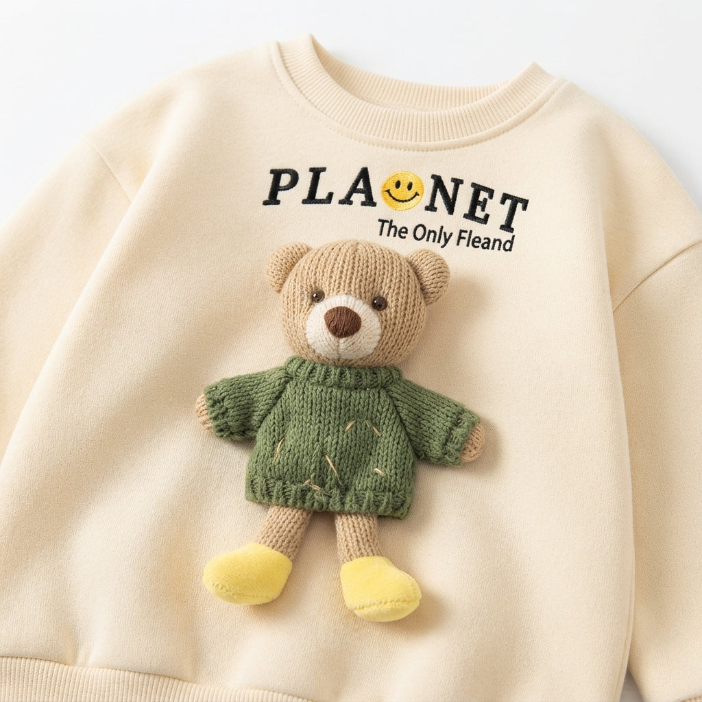 [WHOLESALE ONLY - CONTACT TO ORDER] Toddler Boys 2-Piece Fleece Sweatshirt & Jogger Pants Set - 3D Knitted Bear Doll Patchwork Loungewear[KW-167]