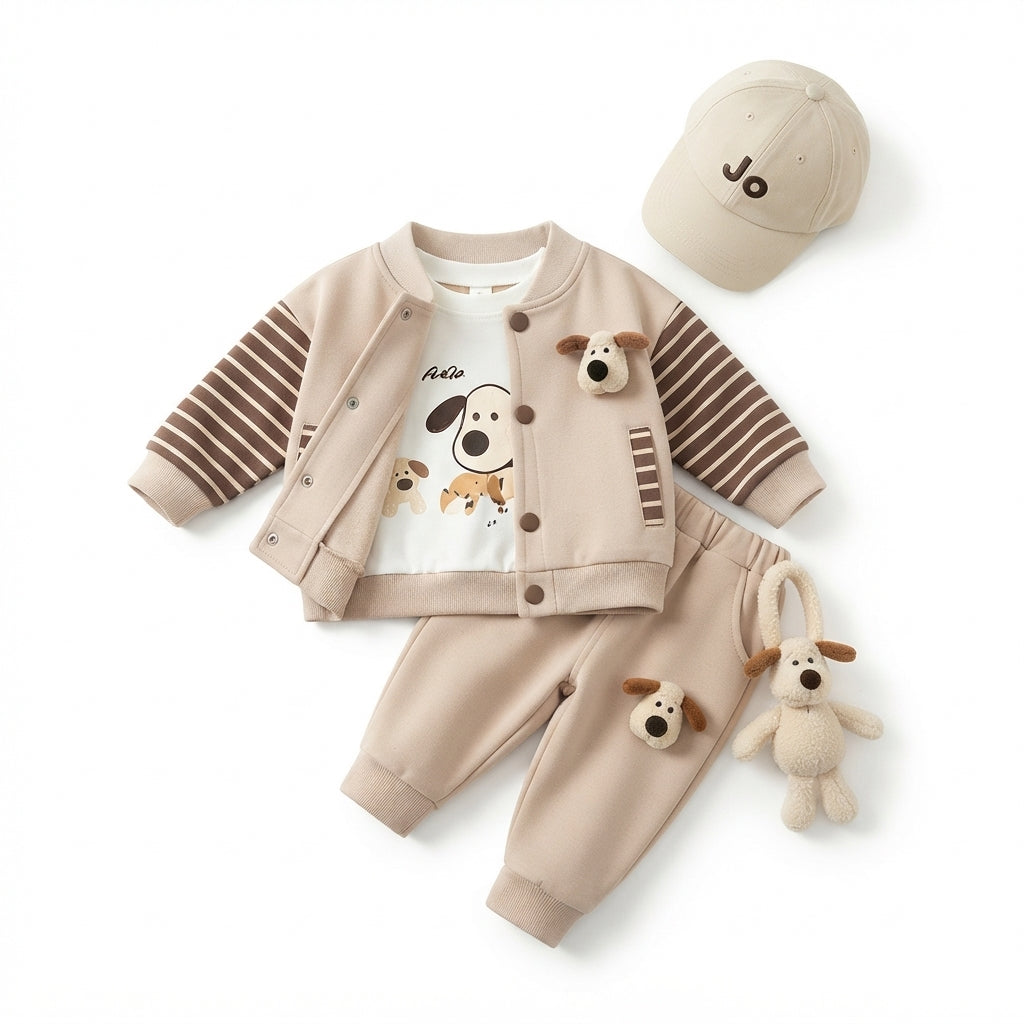 [WHOLESALE ONLY - CONTACT TO ORDER] Toddler Boys 3-Piece Striped Sleeve Varsity Baseball Jacket, Graphic T-Shirt & Joggers Set with 3D Plush Puppy[KW-163]