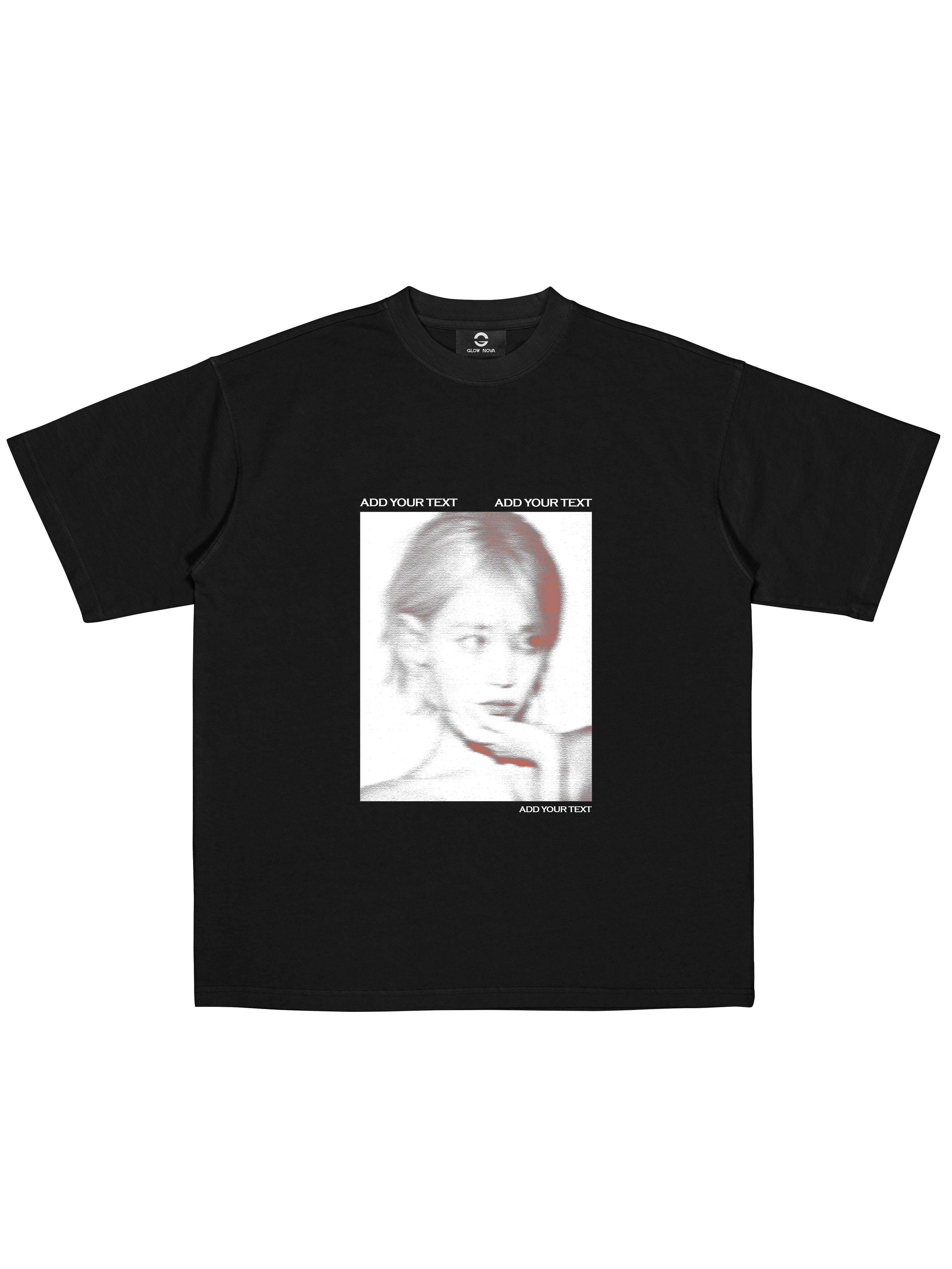 Black t-shirt with a graphic of a face and text on a white background