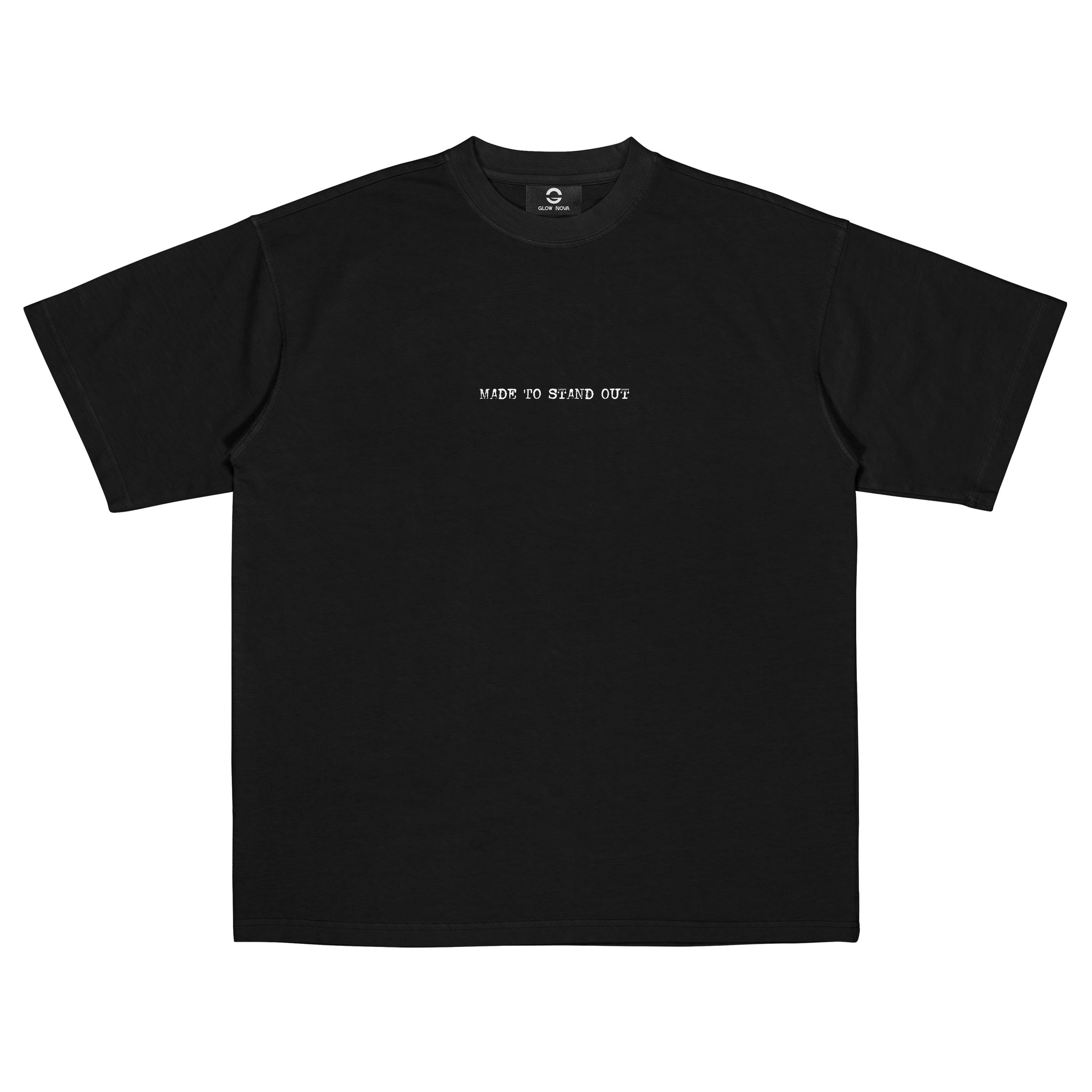 Black t-shirt with white text on a white background