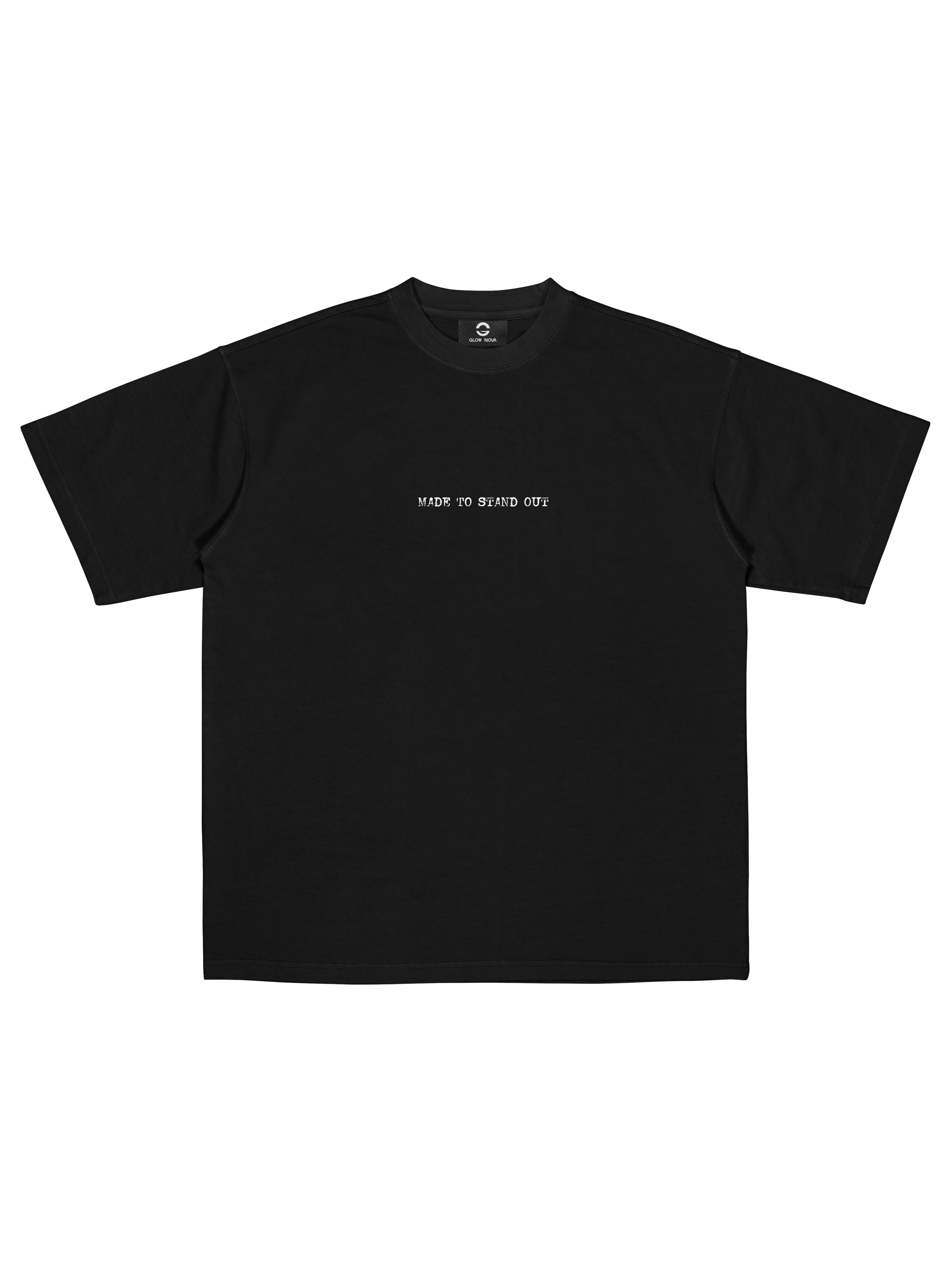 Black t-shirt with white text on a white background