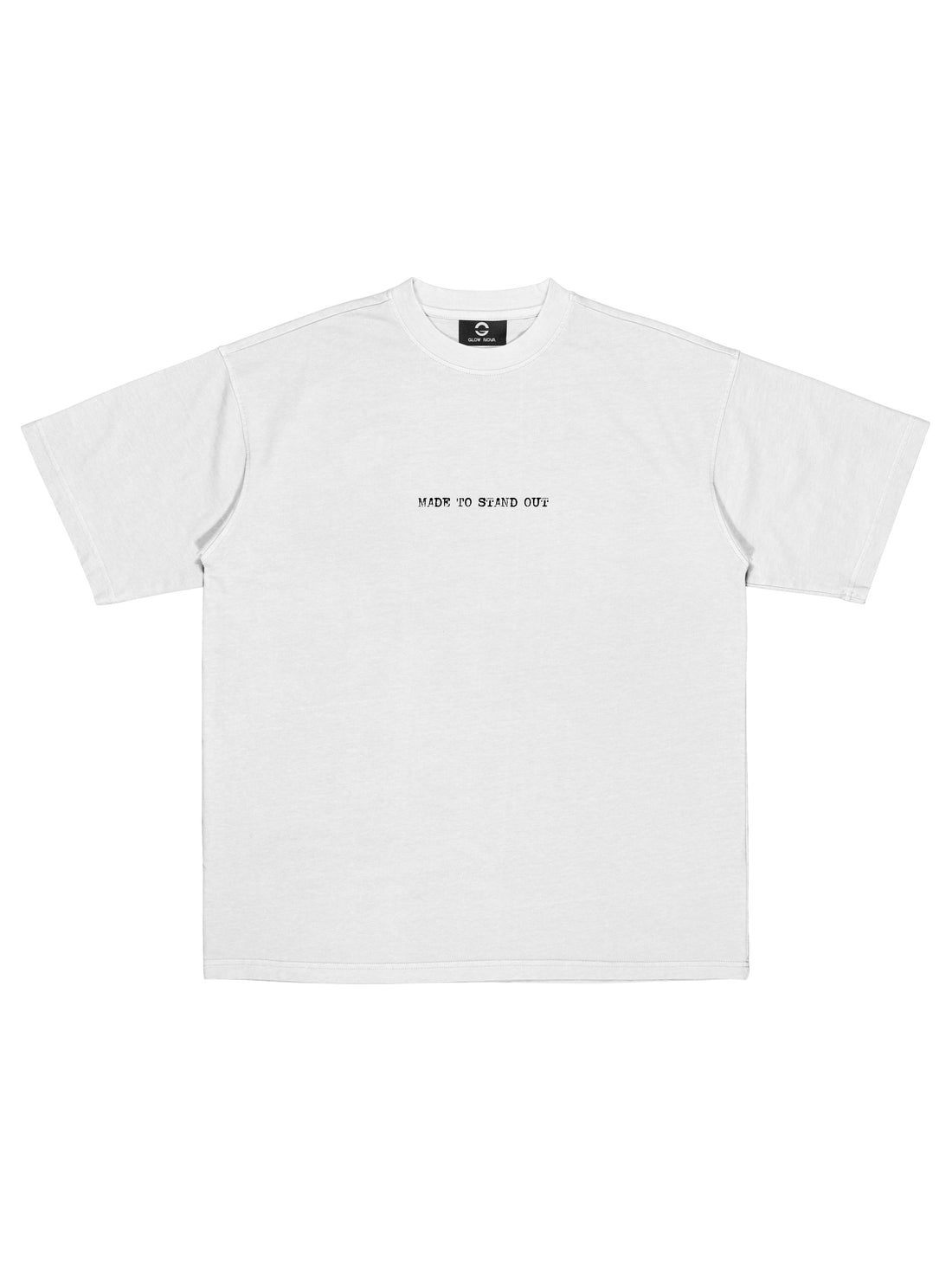 Black t-shirt with white text on a white background