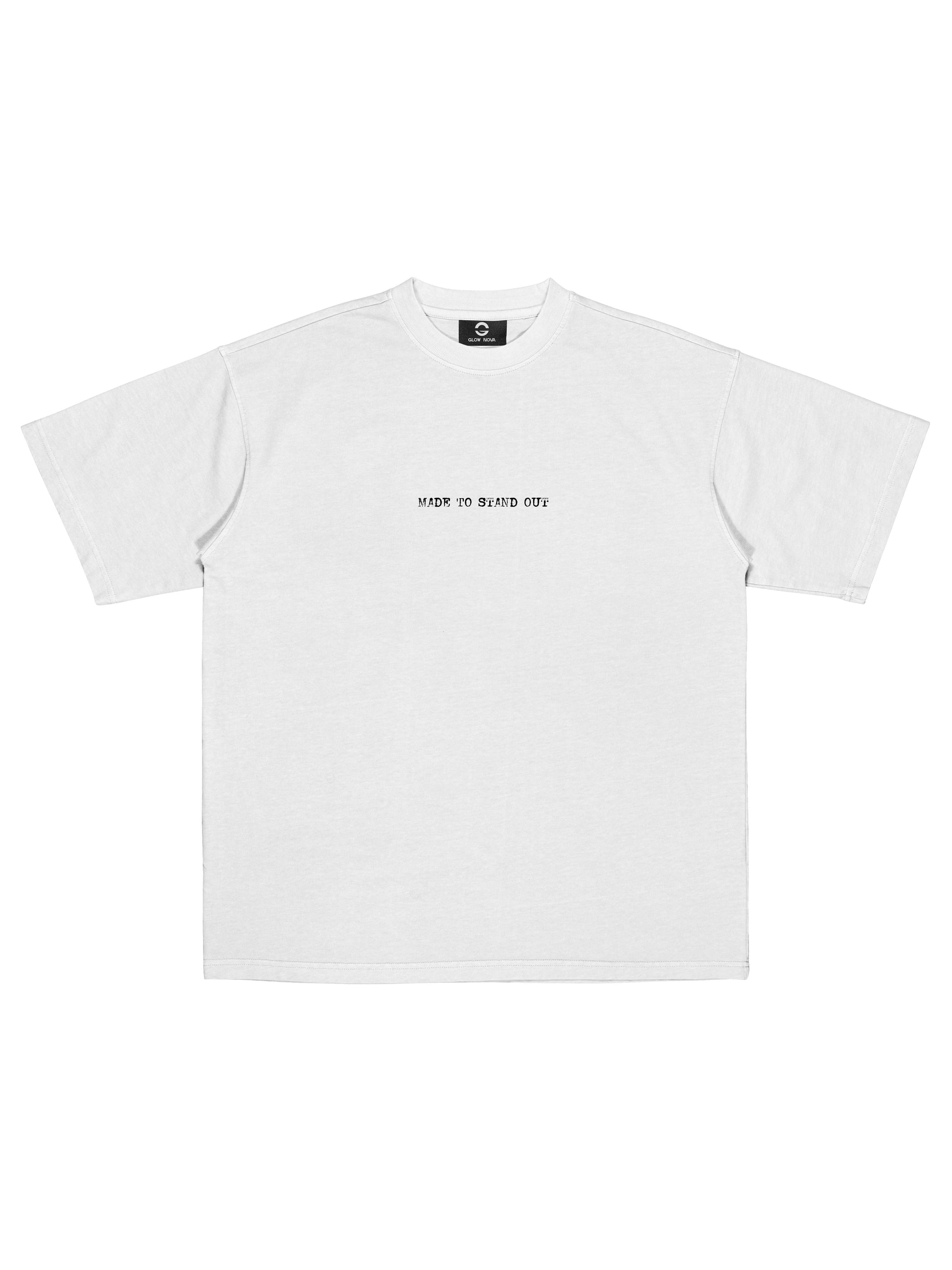 White t-shirt with black text on a white background